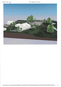 3D-visualisering av et boligfelt med flere hus, trær og terrengformet i et landskap.