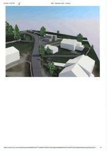 3D-visualisering av et boligfelt med flere hus, en vei og vegetasjon.