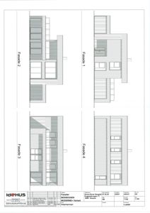 Fasadetegning som viser fire ulike sider (Fasade 1-4) av en bygning med vindusoppsett og konstruksjonsdetaljer.