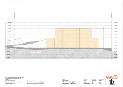 Snittegning som viser bygningens høyde i forhold til terrenget (moh), eksisterende terreng og grunnforhold.
