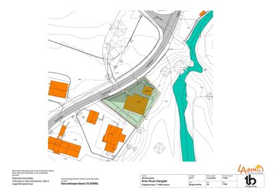 Situasjonsplan som viser tomtens beliggenhet i forhold til vei, nabolag og terrengforhold (konturlinjer).