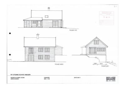 Fasadetegning som viser tre sider av en bygning (Fasade Syd, Fasade Nord og Fasade Øst) med detaljer om vinduer, dører og takform.