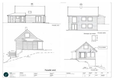 Fasadetegning som viser bygningens utsyn fra fire sider (Sør, Nord, Vest og Øst) med mål og detaljer.