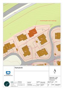 Situasjonsplan som viser bygningers plassering i forhold til hverandre, veier og terrengforhold.