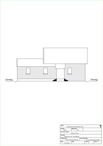 Fasadetegning (opprikk) av en bygning sett fra nord, med angivelse av terreng og vindusposisjon.