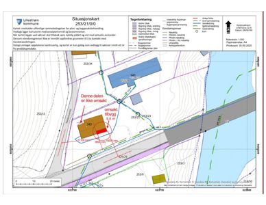 Situasjonskart som viser tomtens beliggenhet, nabolagsgrenser, veioppsett og etterspurt byggeareal.