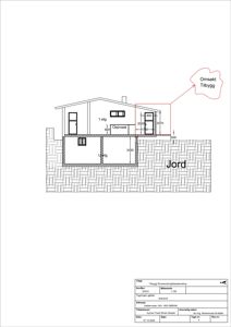 Snittegning som viser tverrsnitt gjennom en bygning med oppriss av etasjer, romfordeling og konstruksjonsdetaljer.