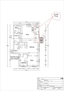 Etasjeplan (1.etasje) som viser romfordeling, dimensjoner og en markert tilbygg-område.