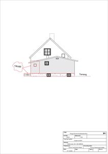 Fasadetegning som viser etasjefordeling, vinduer og terrengforhold for en bygning.