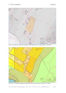 Bildet viser to kart: et grunnkart med topografi og eiendomsgrenser, samt et kommuneplanens arealdel med fargekoding for ulike arealbruk.