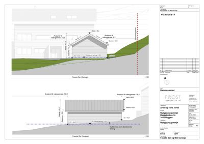 Fasadetegning som viser bygningens utseende sett fra fronten, med mål og terrengforhold.
