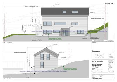 Fasadetegning som viser bygningens utseende sett fra sør og øst, med mål og nabogrenser.