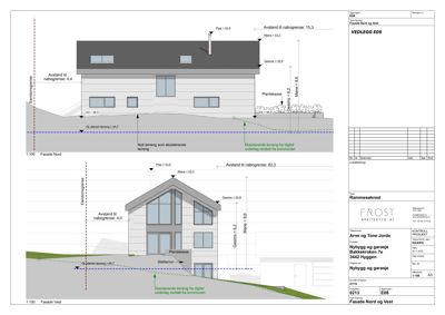 Fasadetegning som viser bygningens utseende sett fra nord og vest, inkludert mål og terrengforhold.