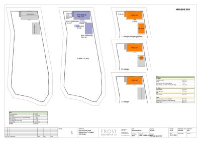 Etasjeplaner (1., 2. og 3. etasje) med romarealer og arealstabell.