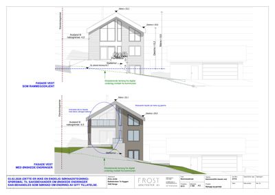 Fasadetegning som viser bygningens utseende fra vest, med mål og endringer.