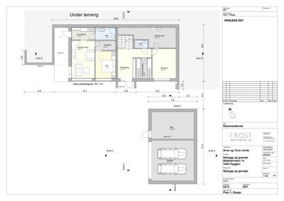 Etasjeplan (Plan 1. Etasje) som viser romfordeling, mål og snittreferanser for en bygning.