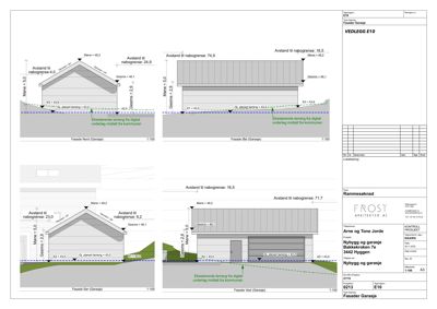 Fasadetegning som viser avstander til nabogrenser og høyder for en garasje.