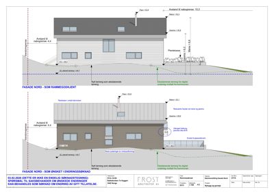 Fasadetegning som viser bygningens utseende sett fra nord, med mål og detaljer.