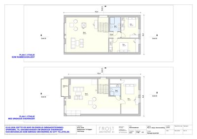Bildet viser to etasjeplaner (PLAN 3. ETASJE) med romfordeling, mål og innredning.