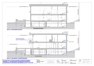 Snittegning som viser tverrsnittet av bygningen med etasjer og høyder.