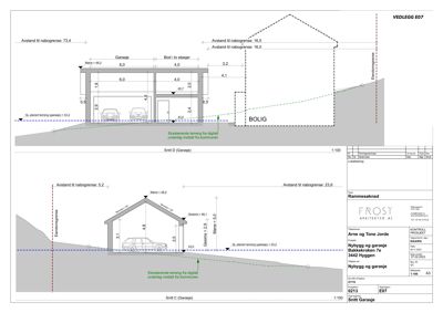 Snittegning (Snitt C og Snitt D) som viser tverrsnittet av en garasje og en bolig, inkludert høydemål og nabogrenser.