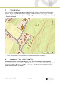 Bildet viser en kartutsnitt (topografisk kart) som illustrerer et tiltaksområde med en rød firkant, inkludert høydeforhold og nabolag.