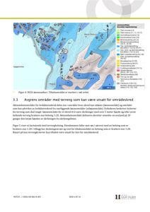 En løsmassekart som viser terrengforhold og skredfare i et område, med en markert tildaksområde.