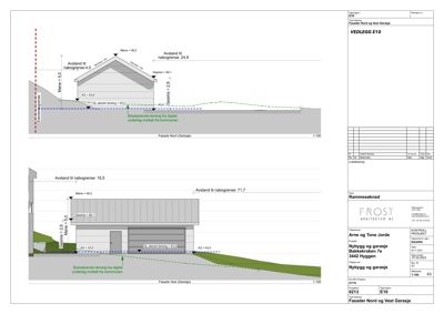 Fasadetegning som viser oppriss av en garasje sett fra nord og vest, med angitte mål og høyder.