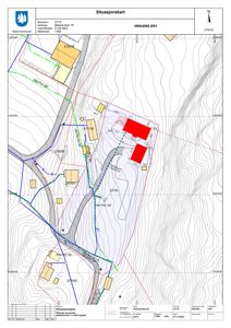 Situasjonskart som viser tomtetegning, høydeforhold, naboeiendommer og infrastruktur.
