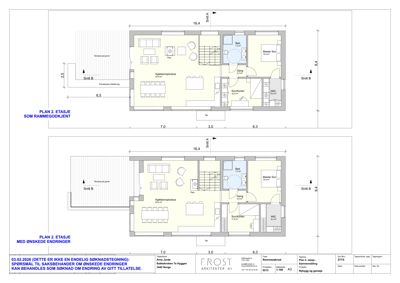 Bildet viser to etasjeplaner (PLAN 2. ETASJE) for en bolig, som viser romfordeling og mål.