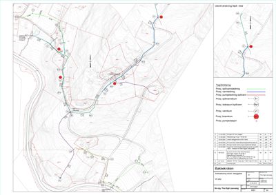 Situasjonsplan som viser tomtetoppografi, vegnett og planlagt vann- og avløpsledningsnett.