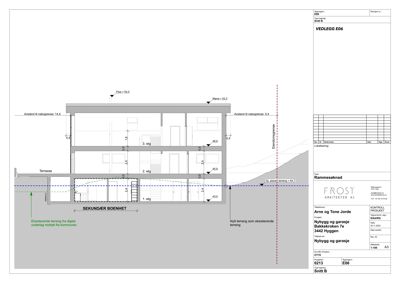 Snittegning (Snitt B) som viser bygningens tverrsnitt, etasjer og høydemål.