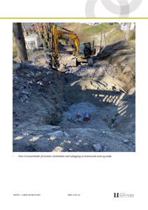 Fotografi av gravearbeider på en tomt, inkludert en gaffelheis og en grøft.