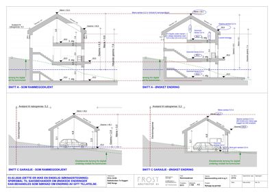 Bildet viser snittegninger (SNITT A, SNITT C) av en bygning, inkludert ramme og garasje, med høydeangivelser og endringsforslag.
