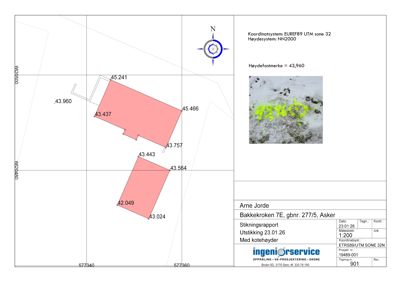 Situasjonsplan med kotehøyder og koordinatsystem for eiendommen Bakkekroken 7E i Asker.