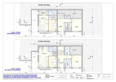 Bildet viser to etasjeplaner (etasje og under etasje) for en bygning, med romfordeling og mål.