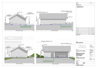 Fasadetegning som viser opprisset av en garasje sett fra fire sider (Nord, Øst, Sør, Vest) med mål og høydeangivelser.