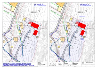 Situasjonsplan som viser tomtens topografi, naboeiendommer og bygningers plassering.