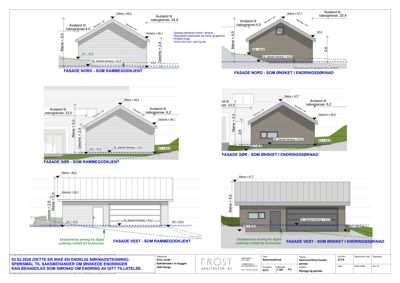 Fasadetegninger som viser fronten av en bygning sett fra nord, sør, og vest med mål og detaljer.