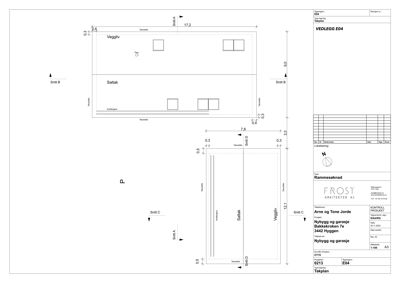 Takplan med romfordeling (Veggliv, Salttak, Forhøysning) og dimensjoner.