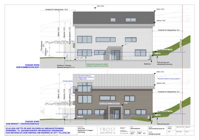 Fasadetegning som viser bygningens utseende sett fra nord, med mål og detaljer.