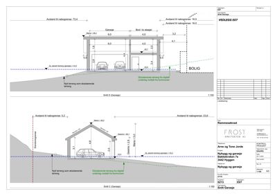 Snittegning av en garasje og bolig, som viser høyder, takhøyder og terrengforhold.