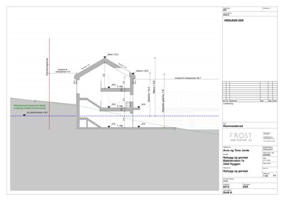 Snittegning (Snitt A) som viser bygningens tverrsnitt, etasjer og høyder.