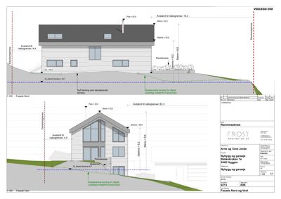 Fasadetegning som viser bygningens utseende sett fra nord og vest, med høydemål og nabogrenser.