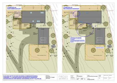 Etasjeplan (utomhusplan) som viser romfordeling, fasader og endringer i bygningen.