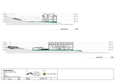 Tegning som viser tverrsnitt gjennom to ulike tomter (Tomt A og Tomt 1) med oppgitt høyder, nivåer og bygningskonstruksjon.