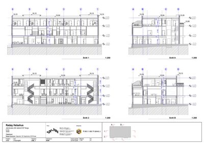 Bildet viser fire snittegninger (Snitt 1, Snitt A, Snitt 2 og Snitt B) av et fleretasjes bygg med mål og høyder. Det er også en tegning for betongarmatur i bunnen.