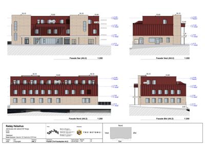 Fasadetegning som viser bygningens utseende fra fire ulike sider (Sør, Vest, Nord og Øst) med mål og høyder.