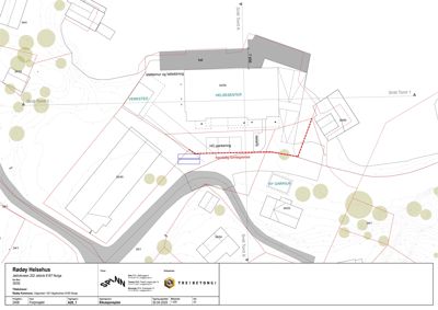 Situasjonsplan som viser bygningers plassering, tomtegrenser og terrengforhold.