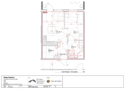 Etasjeplan (Typisk Boligplan) som viser romfordeling, mål og areal for en bolig.